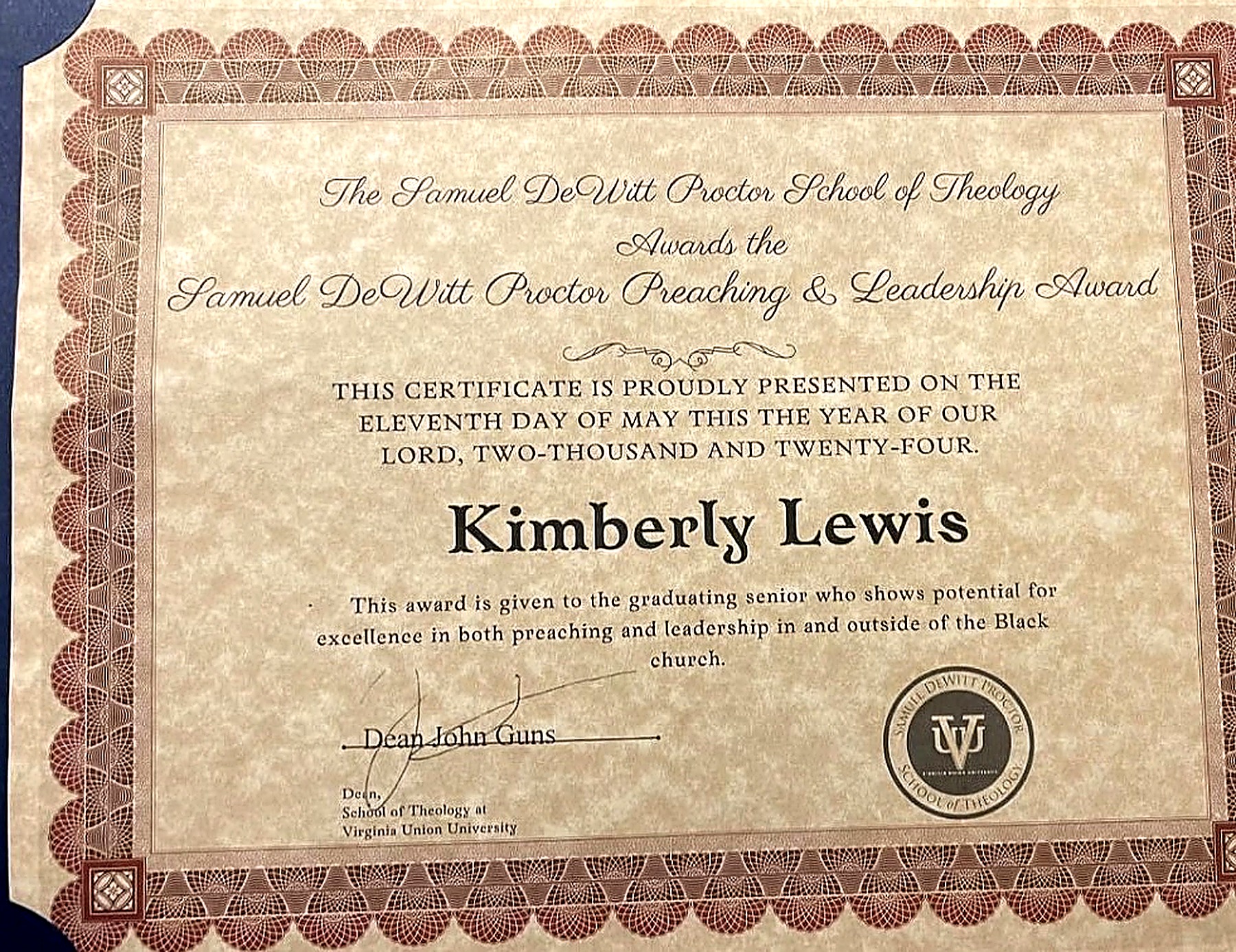The Samuel DeWitt Proctor Preaching & Leadership Award presented to Kimberly Lewis by the Samuel DeWitt Proctor School of Theology at Virginia Union University in 2024.
