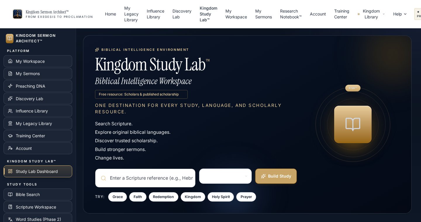 Kingdom Study Lab dashboard with Scripture search and study categories