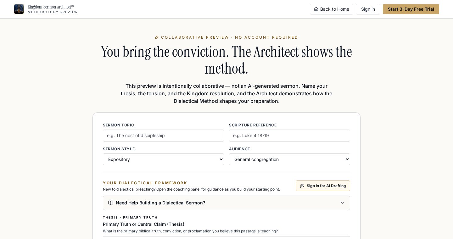 The free Dialectical Method demo: sermon topic, Scripture reference, style, audience, and thesis fields
