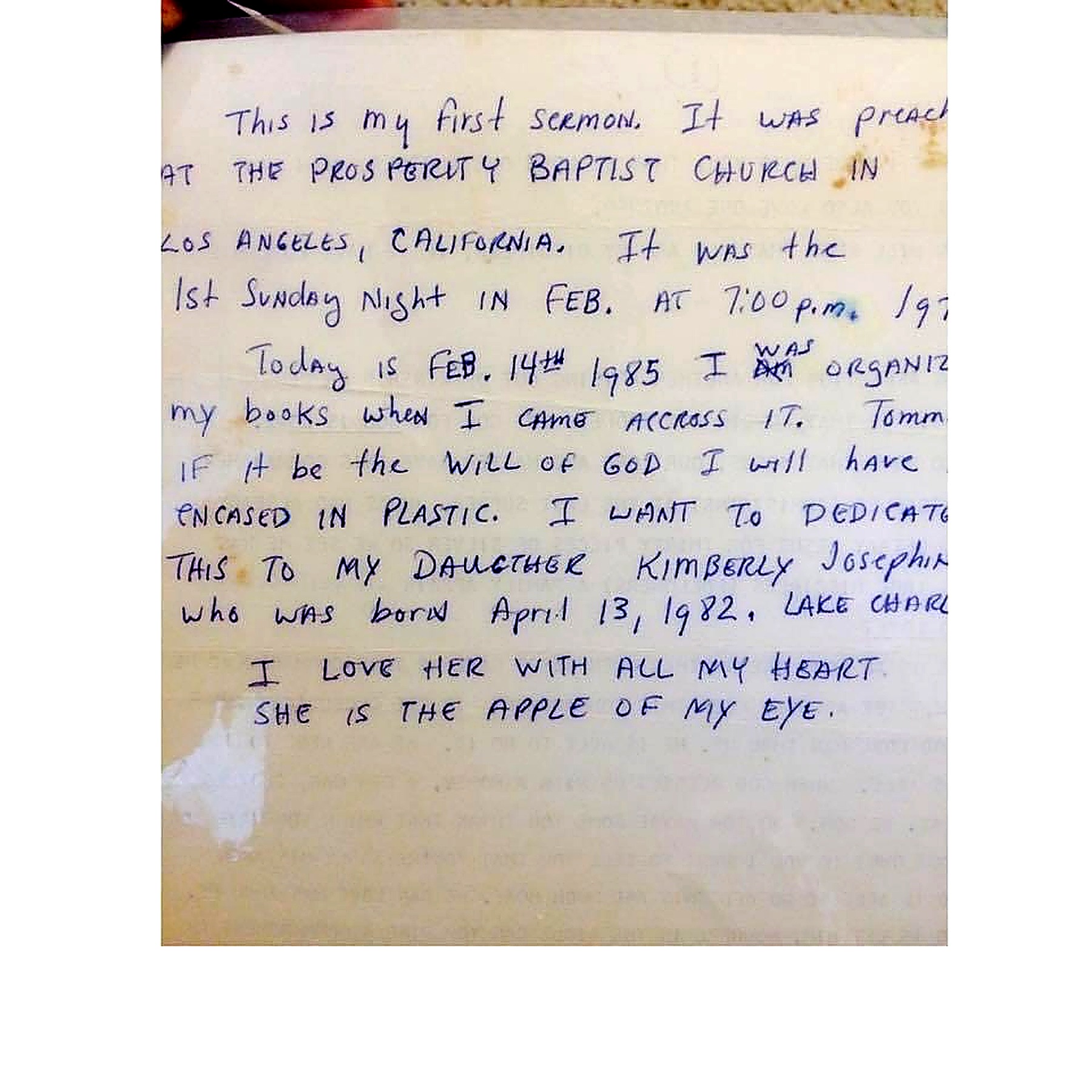 Handwritten dedication from Rev. Dr. Tony Lloyd Lewis on his first sermon, dated February 14, 1985, dedicating it to his daughter Kimberly.