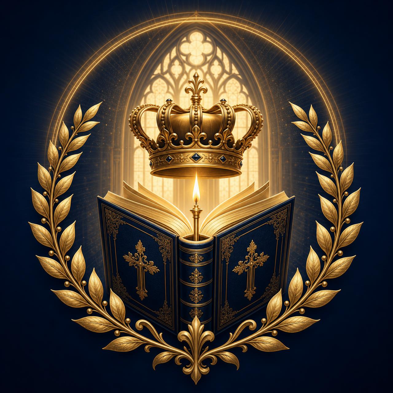 Legacy Academy — Kingdom crown, illuminated open Bible, and laurel wreath