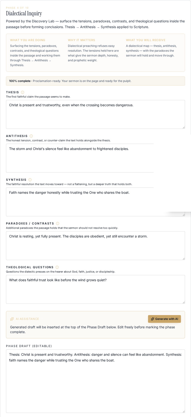 A real Sermon Builder phase showing fictional thesis, antithesis, synthesis, and theological questions