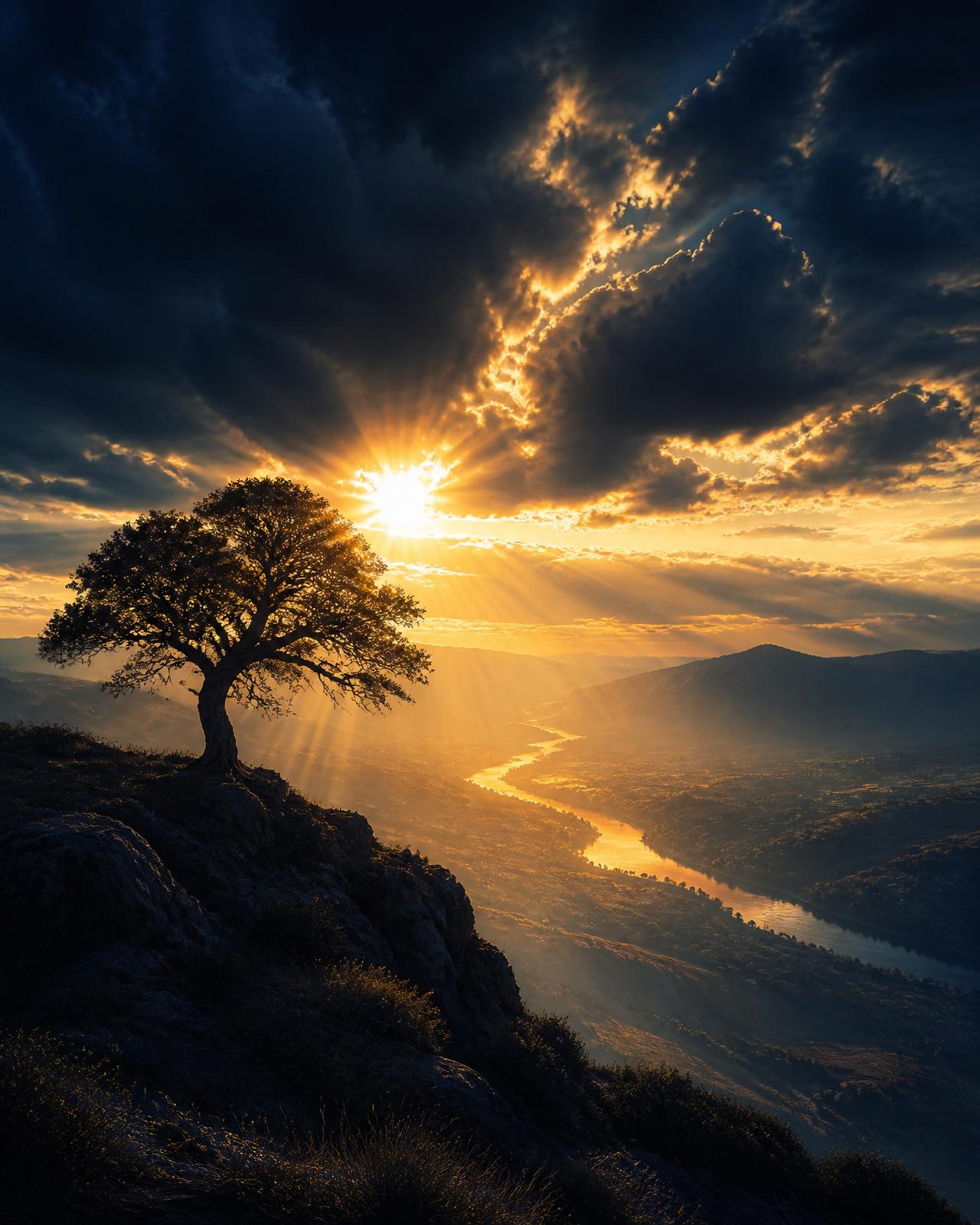 Lone tree above a river valley at sunrise